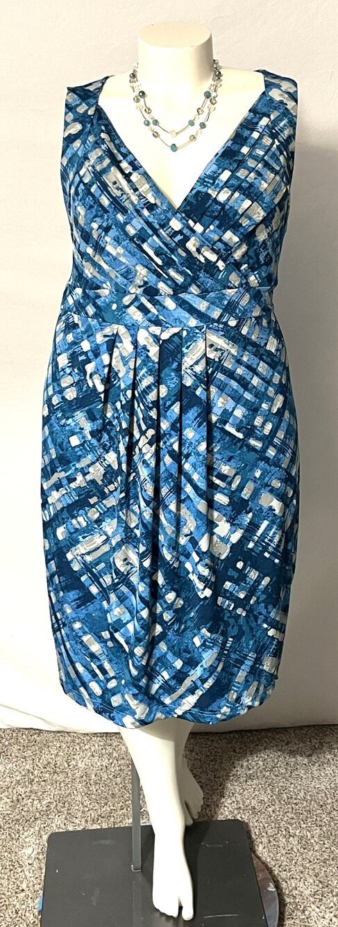 Avenue 22/24 Blue Abstract Print Sleeveless Pleated Surplice Sheath Dress 3XL